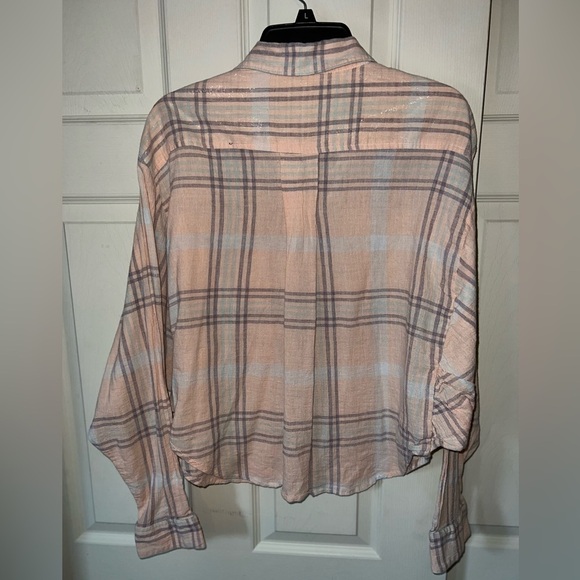 Free People Cutie Plaid Button-down Shirt in Pink Gray, Dolman Sleeves, Large - Picture 2 of 5